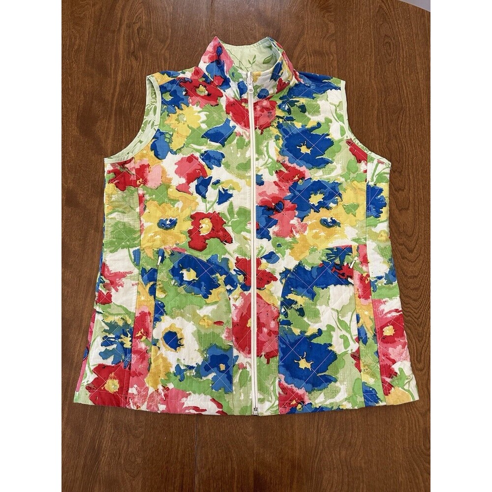 Norm Thompson Vest Womens Small Reversible Quilt Full Zip Cotton Floral Pockets